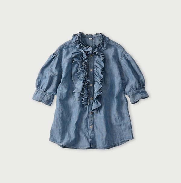 45R Cotton Linen Dungaree Frilled Coupe Shirt Distressed
