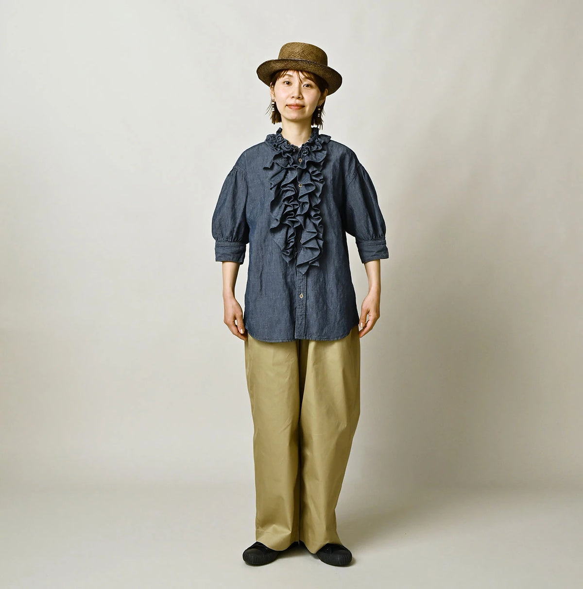 45R Cotton Linen Dungaree Frilled Coupe Shirt Distressed