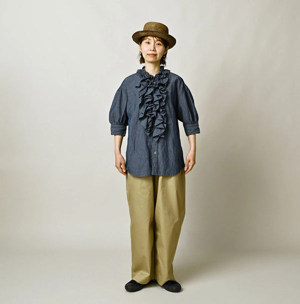 45R Cotton Linen Dungaree Frilled Coupe Shirt Distressed