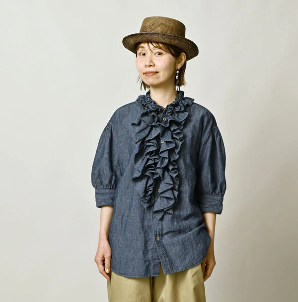 45R Cotton Linen Dungaree Frilled Coupe Shirt Distressed