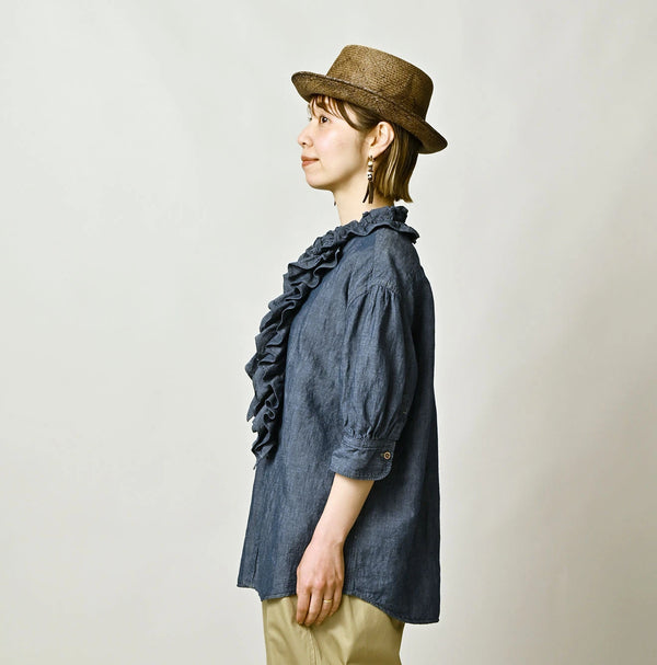 45R Cotton Linen Dungaree Frilled Coupe Shirt Distressed