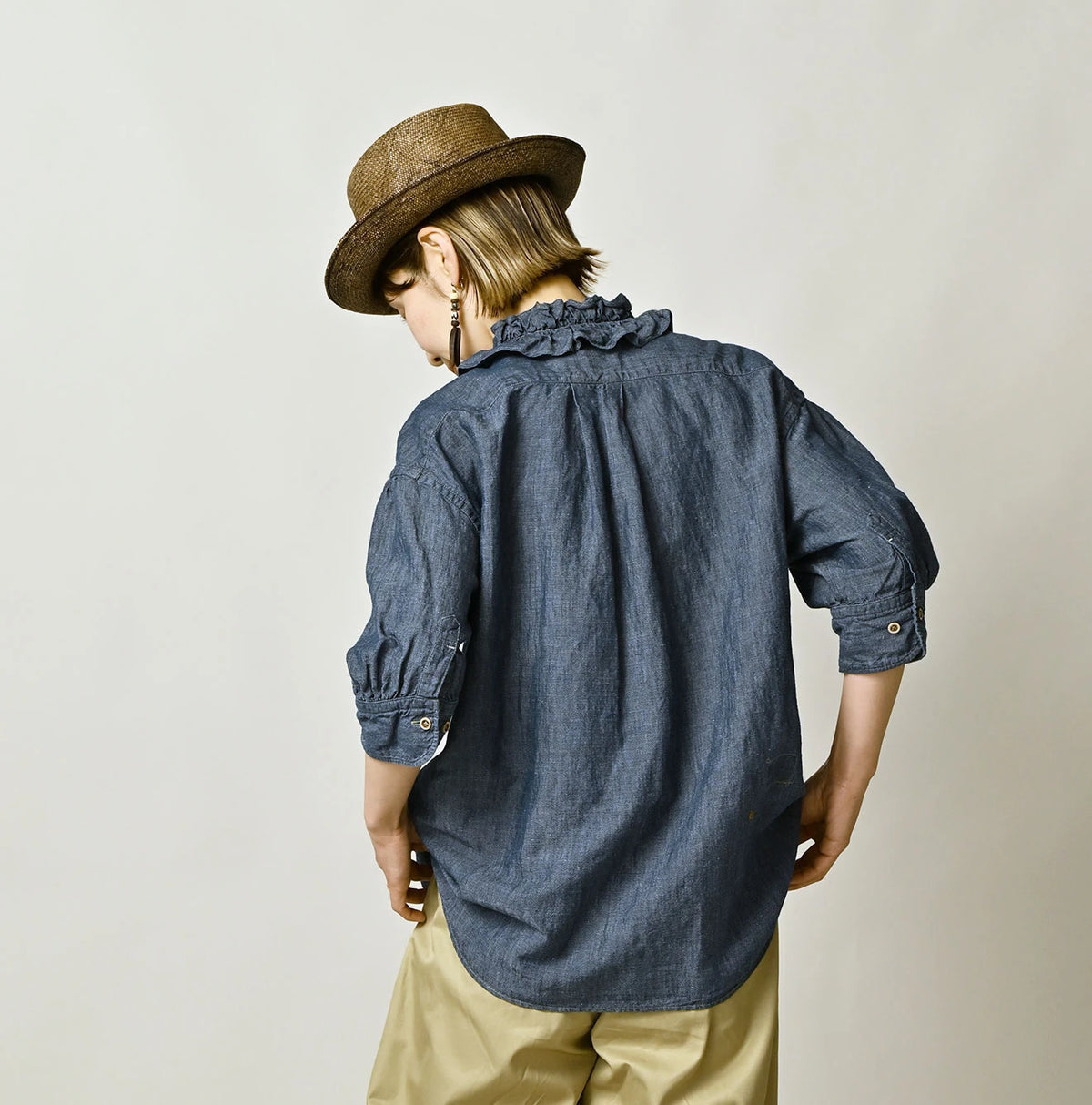 45R Cotton Linen Dungaree Frilled Coupe Shirt Distressed
