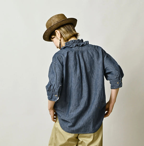 45R Cotton Linen Dungaree Frilled Coupe Shirt Distressed