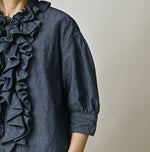 45R Cotton Linen Dungaree Frilled Coupe Shirt Distressed