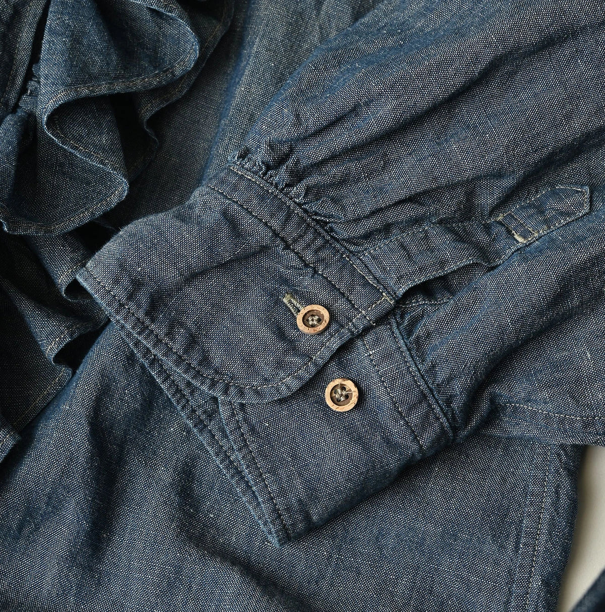 45R Cotton Linen Dungaree Frilled Coupe Shirt Distressed