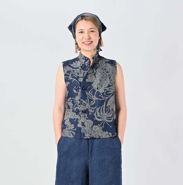 45R Indigo Linen Lotus Clover Knot Camisole