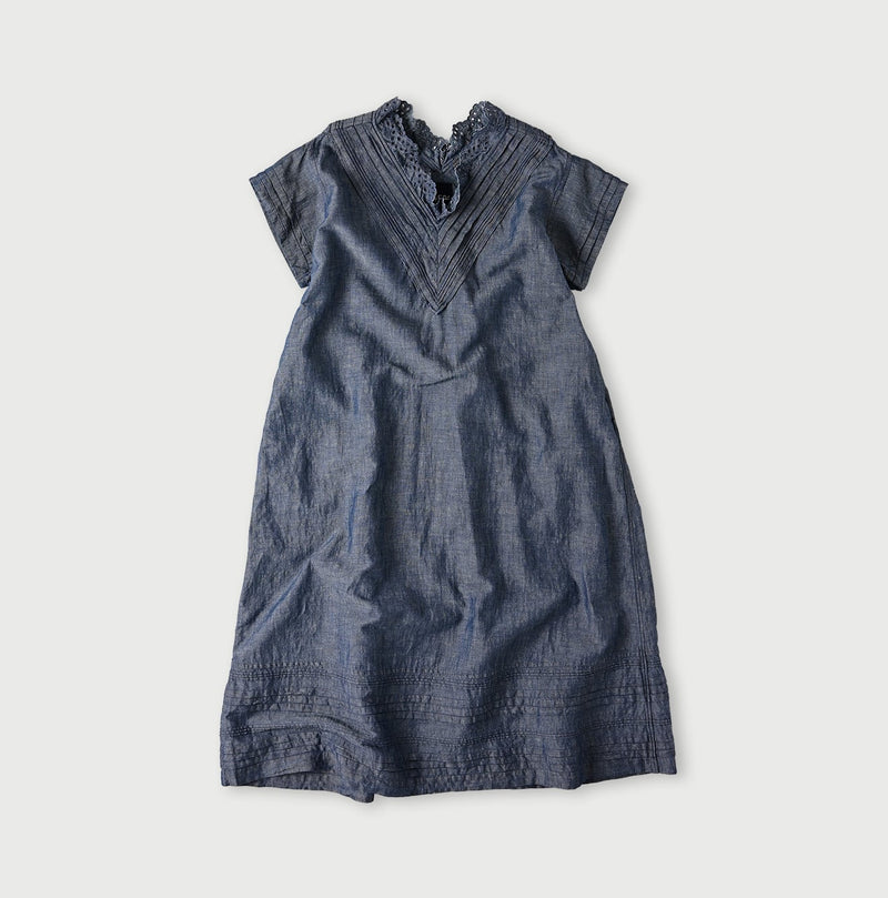 45R Cotton Linen Dungaree Chambray Cutwork Dress
