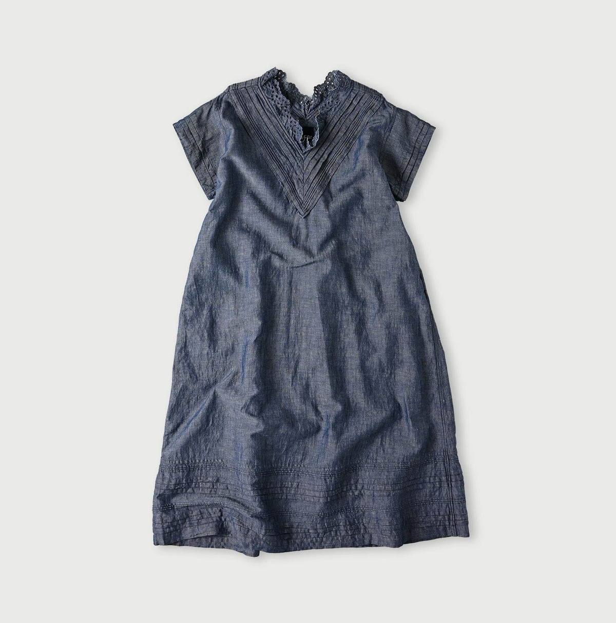45R Cotton Linen Dungaree Chambray Cutwork Dress