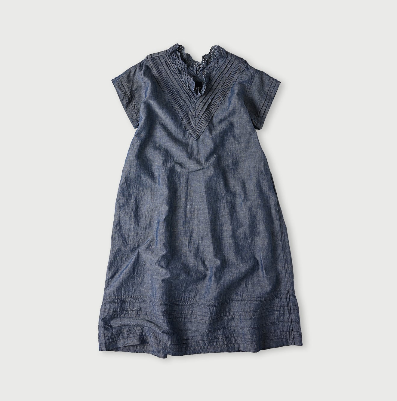 45R Cotton Linen Dungaree Chambray Cutwork Dress