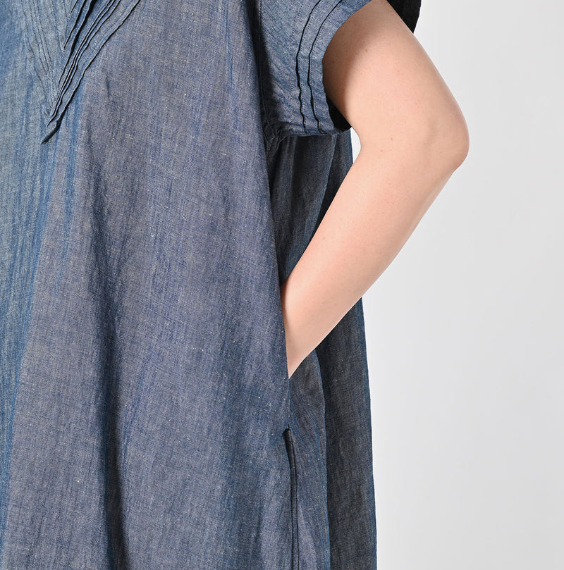 45R Cotton Linen Dungaree Chambray Cutwork Dress