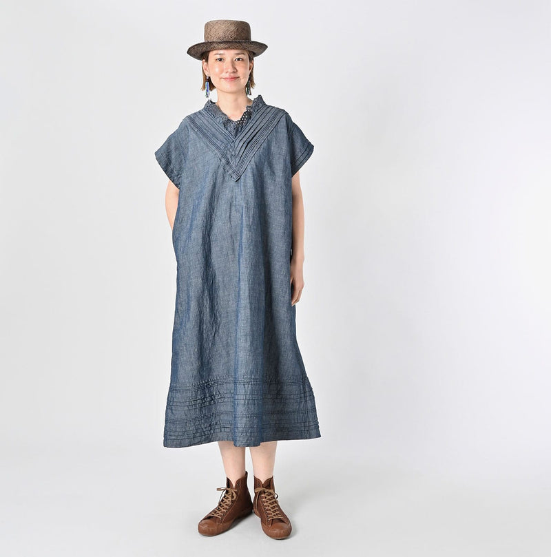 45R Cotton Linen Dungaree Chambray Cutwork Dress