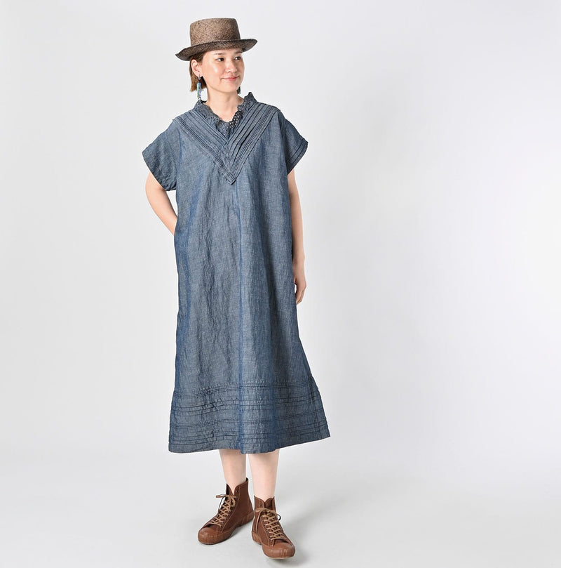 45R Cotton Linen Dungaree Chambray Cutwork Dress