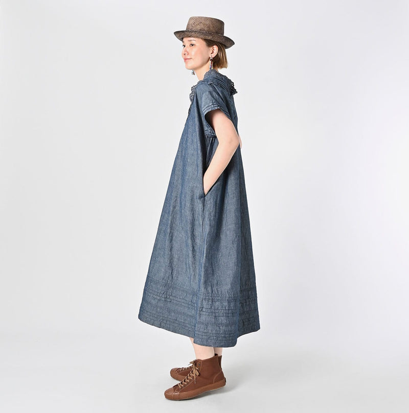 45R Cotton Linen Dungaree Chambray Cutwork Dress