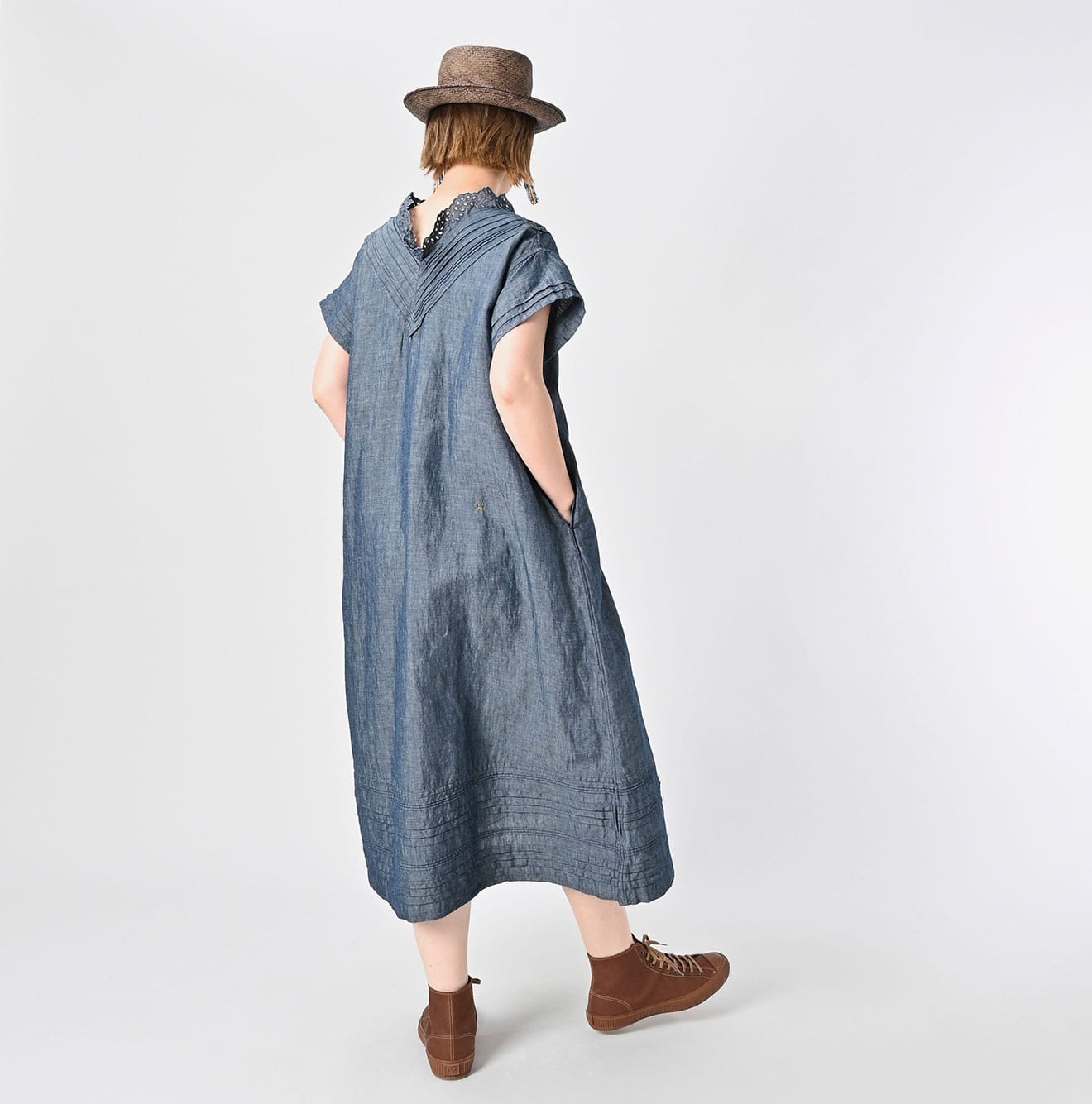 45R Cotton Linen Dungaree Chambray Cutwork Dress