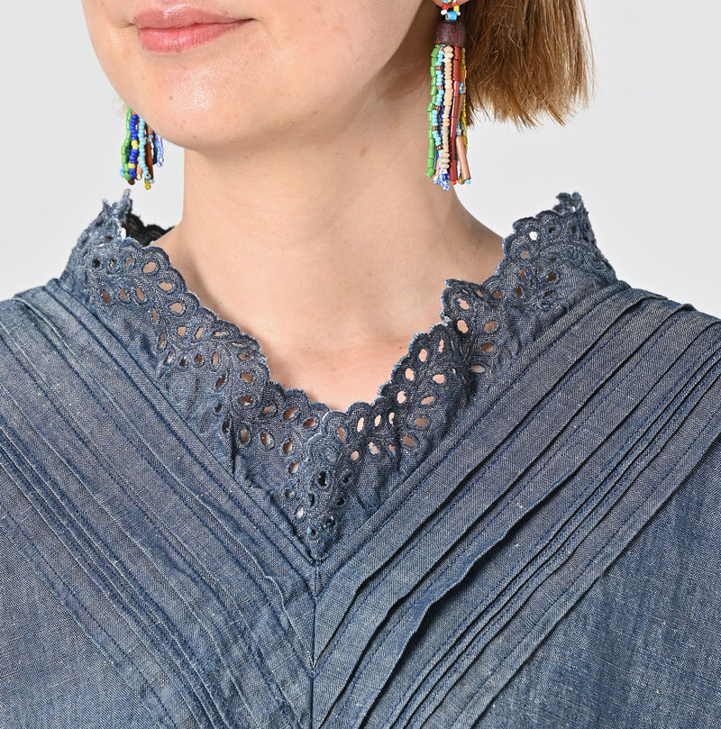 45R Cotton Linen Dungaree Chambray Cutwork Dress