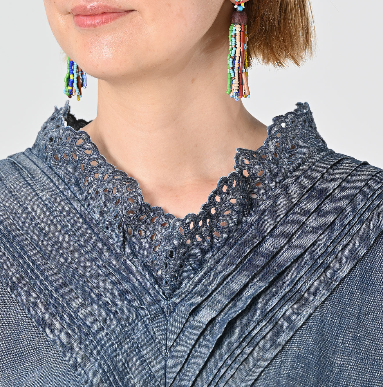 45R Cotton Linen Dungaree Chambray Cutwork Dress