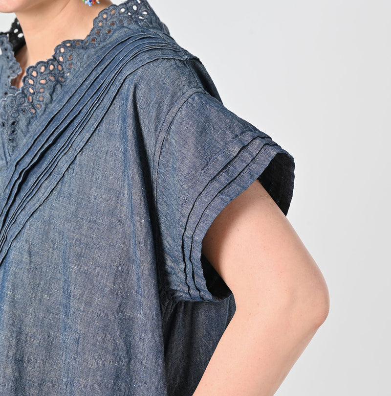 45R Cotton Linen Dungaree Chambray Cutwork Dress
