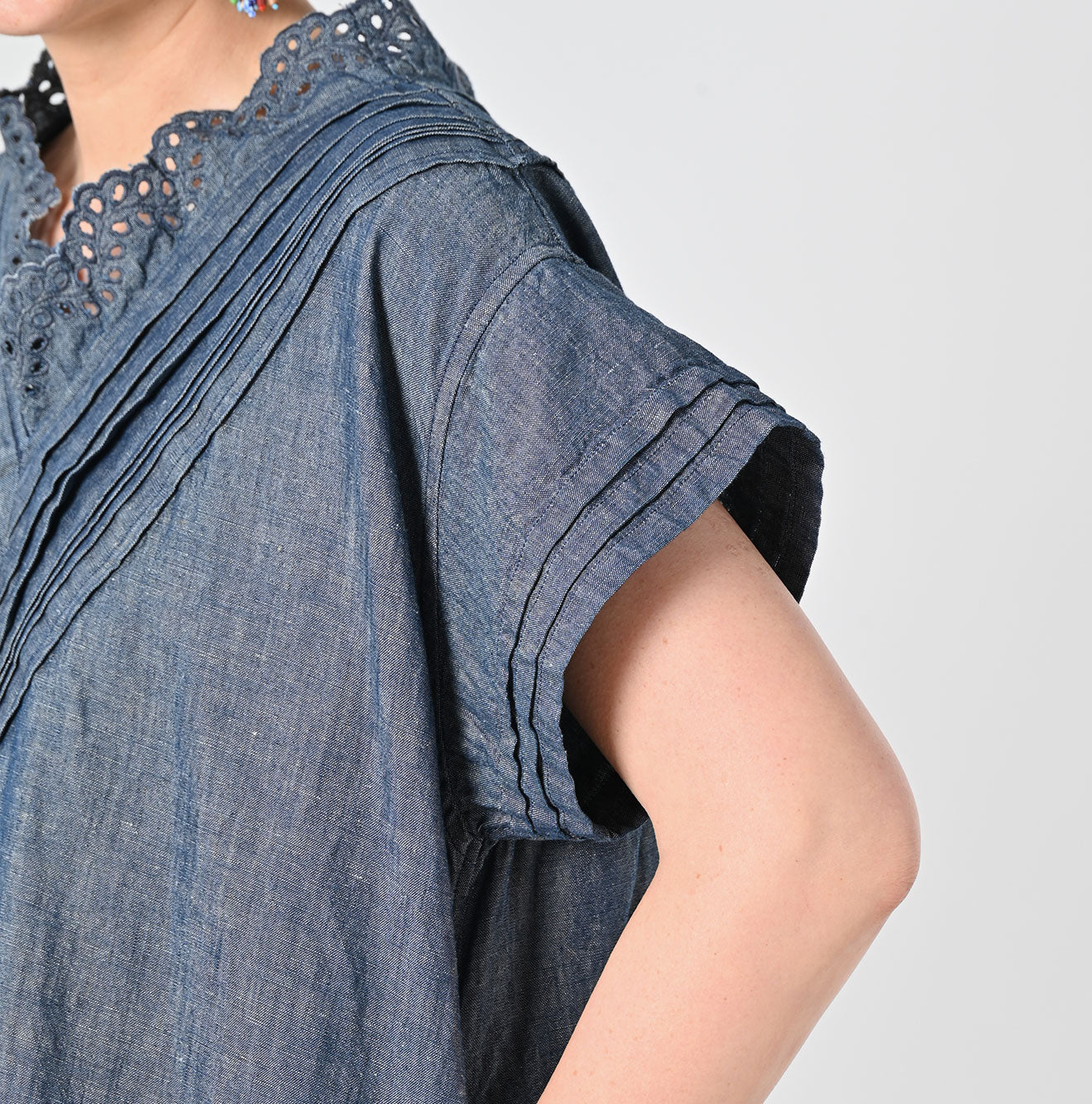 45R Cotton Linen Dungaree Chambray Cutwork Dress