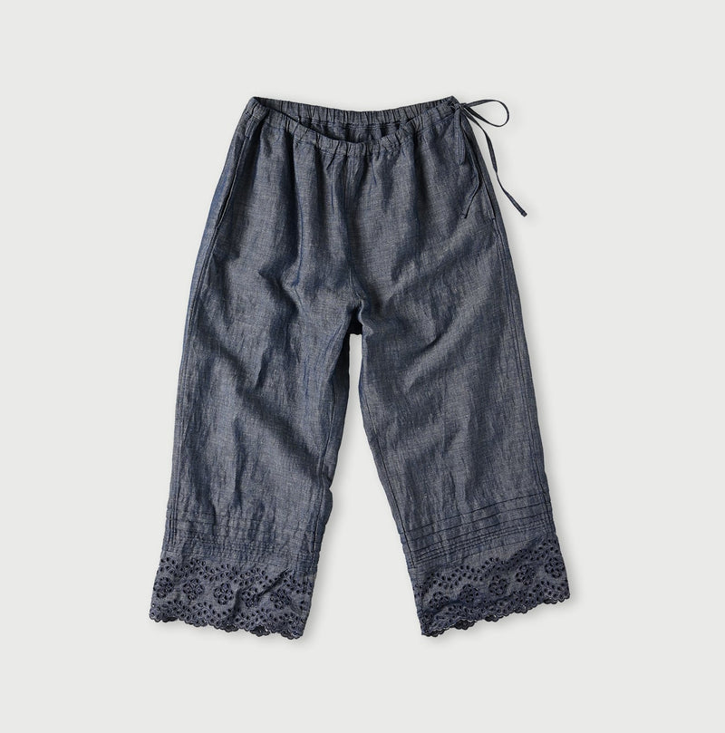 45R Cotton Linen Dungaree Chambray Cutwork Pants
