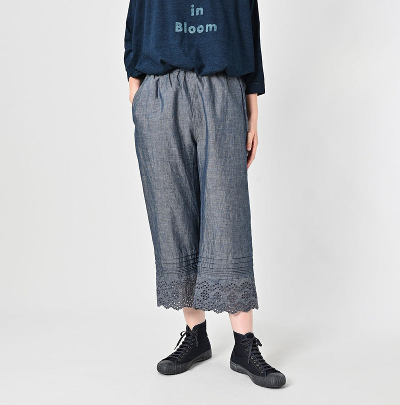 45R Cotton Linen Dungaree Chambray Cutwork Pants