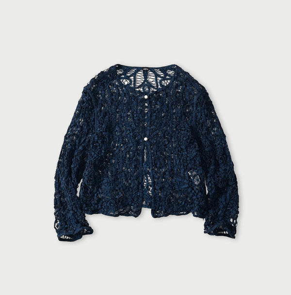 45R Ai Indigo Linen Ribbon Batten Lace Bolero