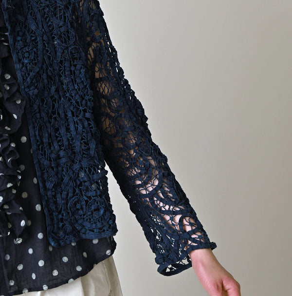 45R Ai Indigo Linen Ribbon Batten Lace Bolero
