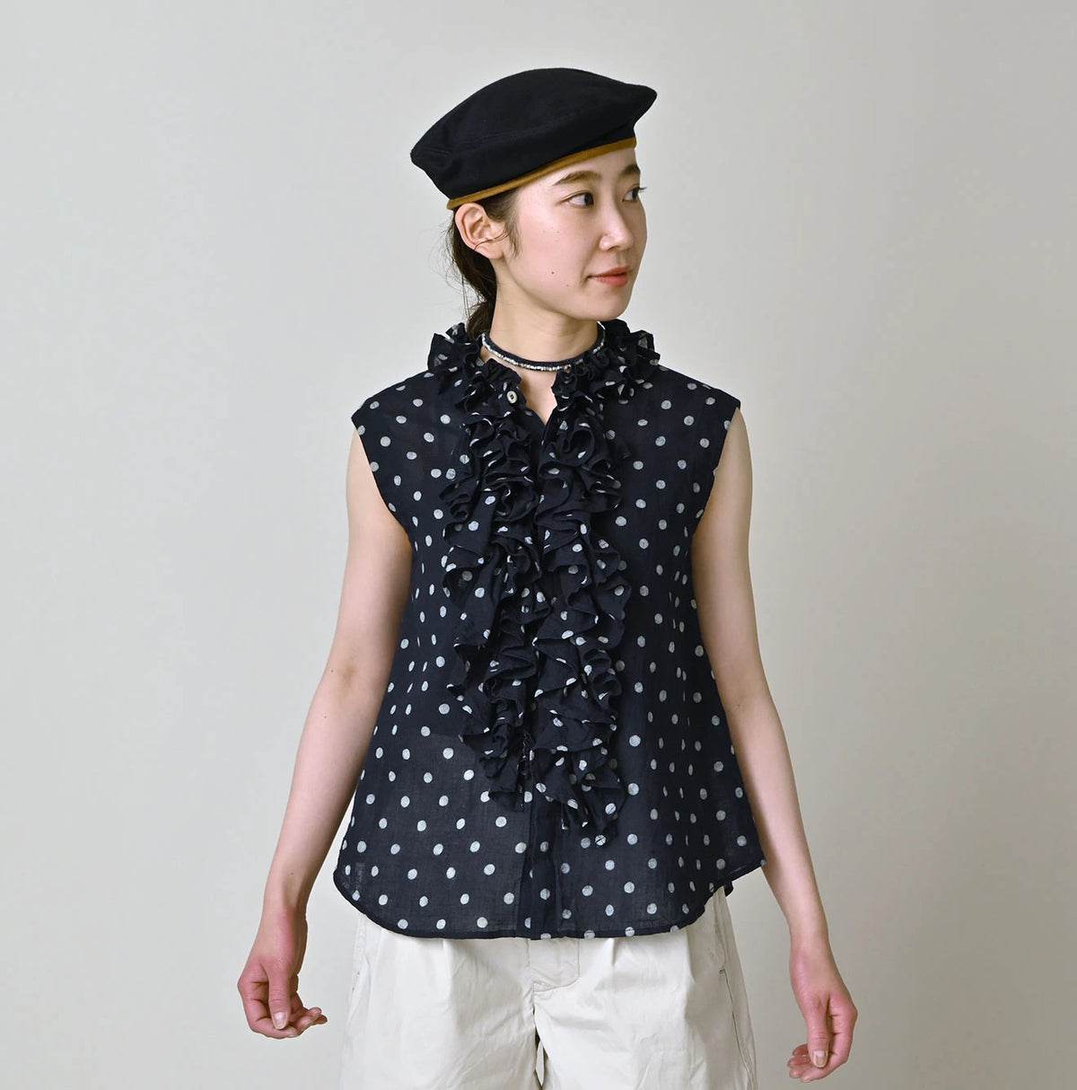 45R Indigo Gauze Polka Dot Frill Camisole