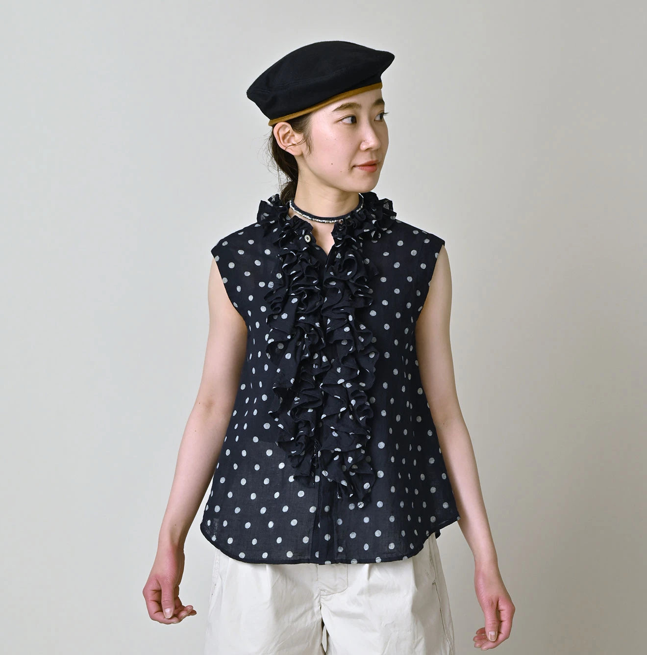 45R Indigo Gauze Polka Dot Frill Camisole - Image 3