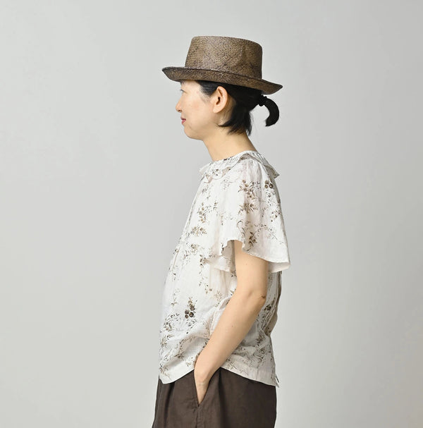 45R Linen Campanula Tucked Collar Blouse