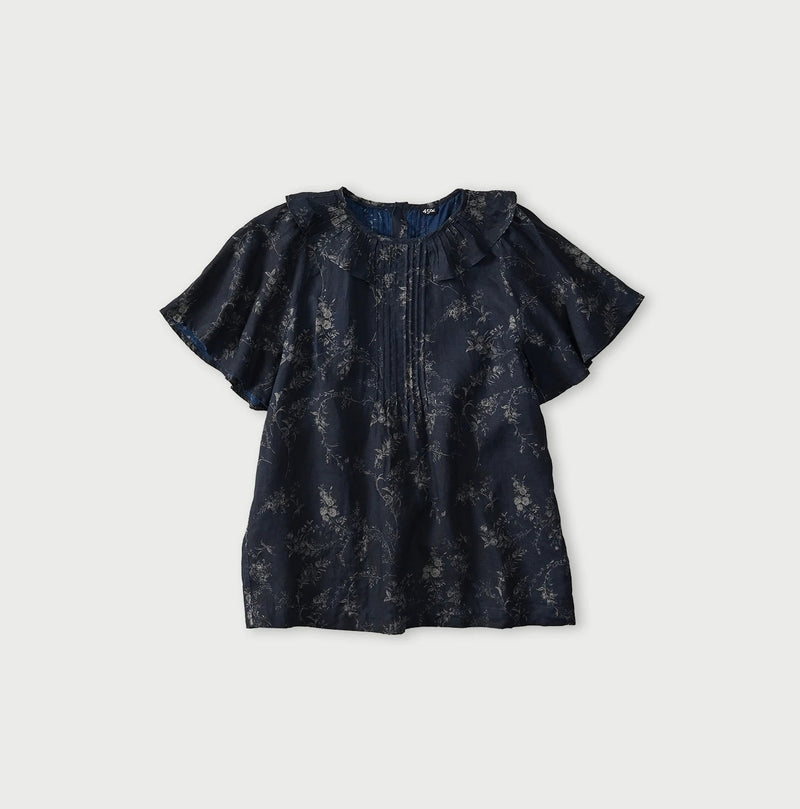 45R Indigo Linen Campanula Tucked Collar Blouse - Image 1