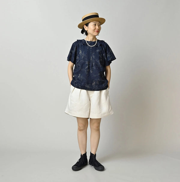 45R Indigo Linen Campanula Tucked Collar Blouse