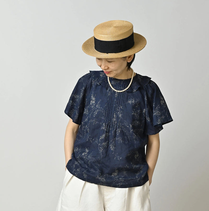 45R Indigo Linen Campanula Tucked Collar Blouse - Image 3
