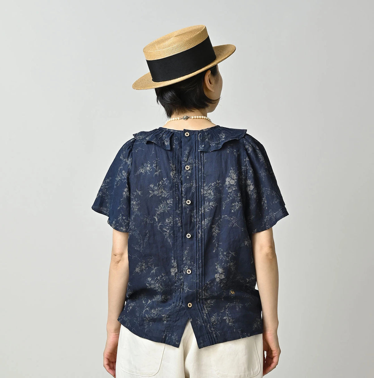 45R Indigo Linen Campanula Tucked Collar Blouse