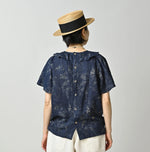 45R Indigo Linen Campanula Tucked Collar Blouse