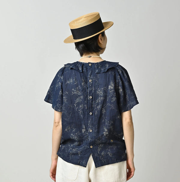 45R Indigo Linen Campanula Tucked Collar Blouse