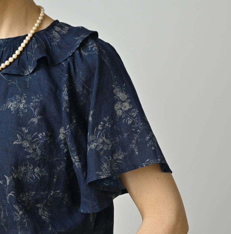 45R Indigo Linen Campanula Tucked Collar Blouse - Image 8