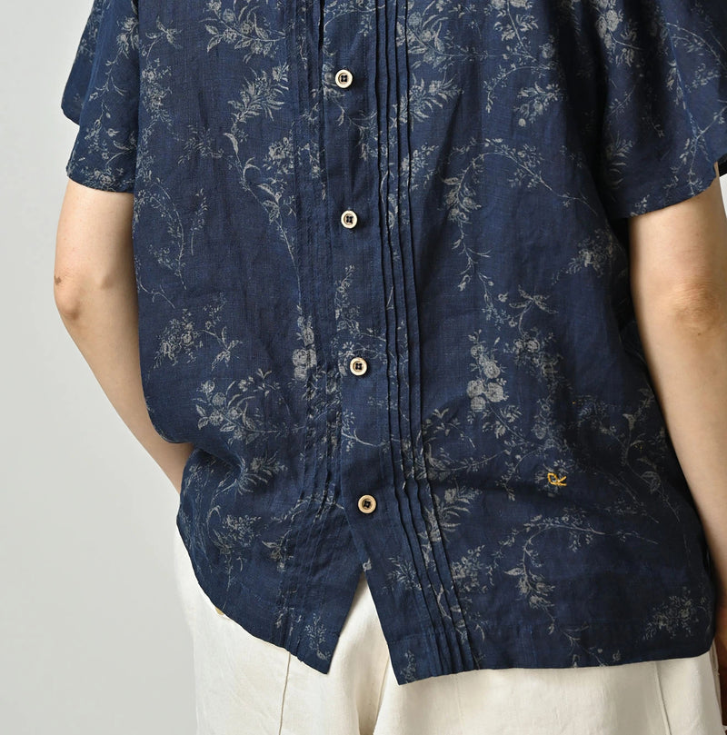 45R Indigo Linen Campanula Tucked Collar Blouse - Image 10