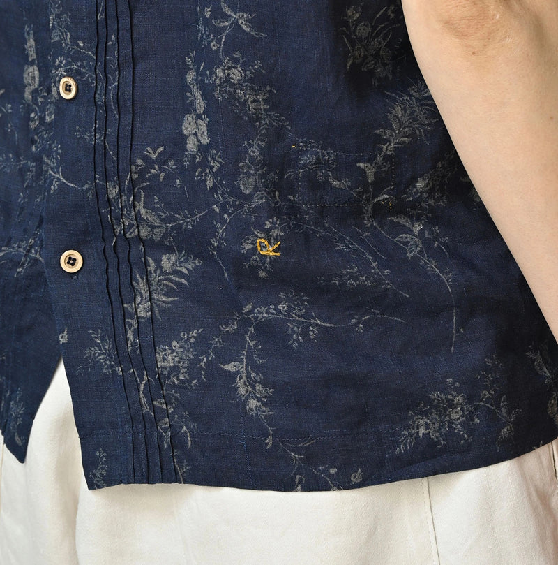 45R Indigo Linen Campanula Tucked Collar Blouse - Image 11