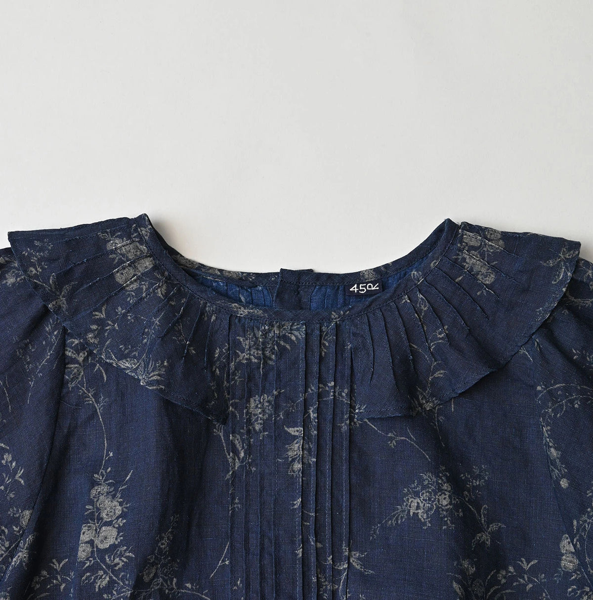 45R Indigo Linen Campanula Tucked Collar Blouse