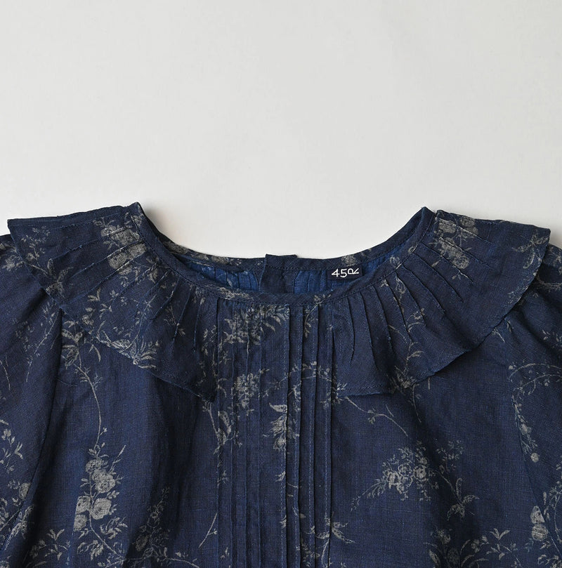 45R Indigo Linen Campanula Tucked Collar Blouse - Image 13