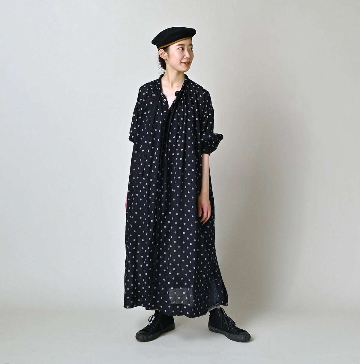 45R Indigo Gauze Polka Dot Coupe Smock Dress