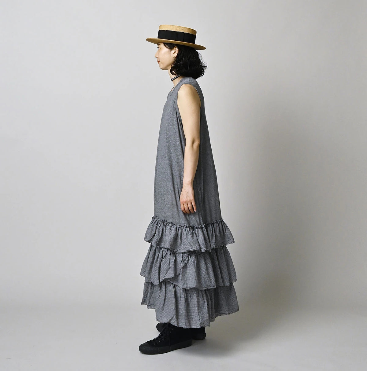 45R Plain Weave x Jersey Frilled Dress