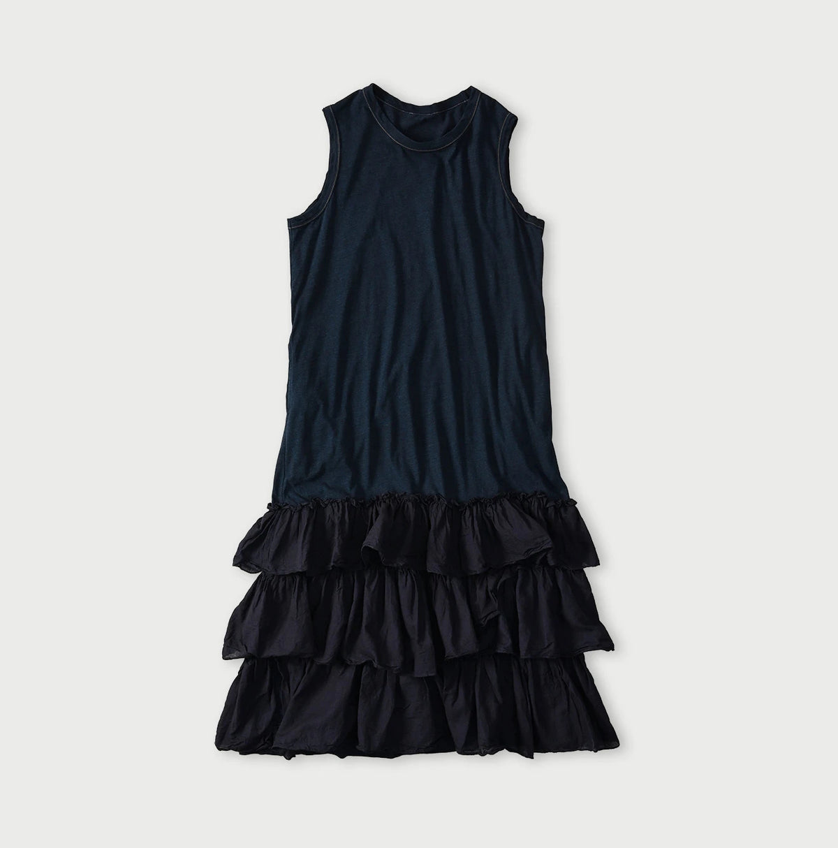 45R Indigo Plain Weave x Jersey Frilled Dress