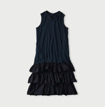 45R Indigo Plain Weave x Jersey Frilled Dress