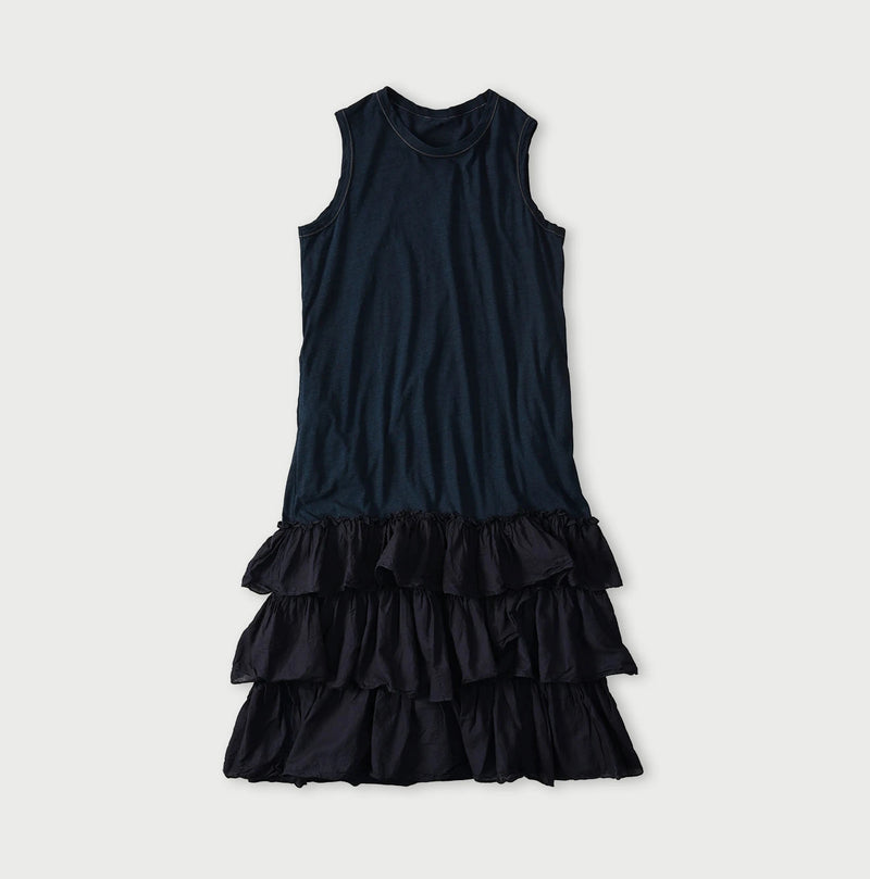 45R Indigo Plain Weave x Jersey Frilled Dress - Image 1