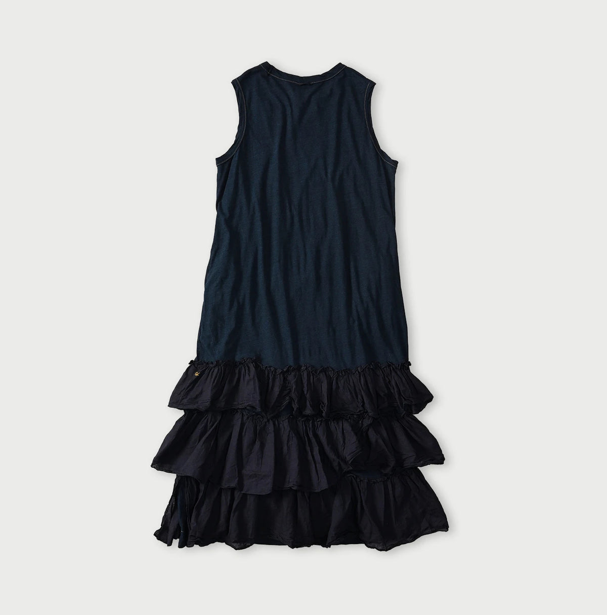 45R Indigo Plain Weave x Jersey Frilled Dress