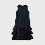 45R Indigo Plain Weave x Jersey Frilled Dress