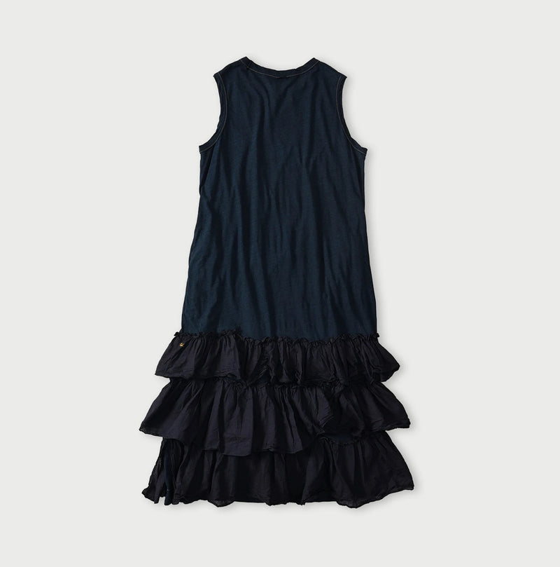 45R Indigo Plain Weave x Jersey Frilled Dress - Image 11