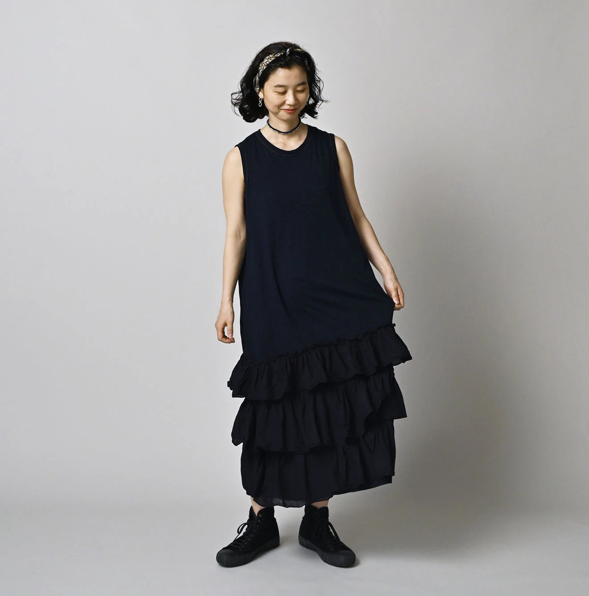 45R Indigo Plain Weave x Jersey Frilled Dress