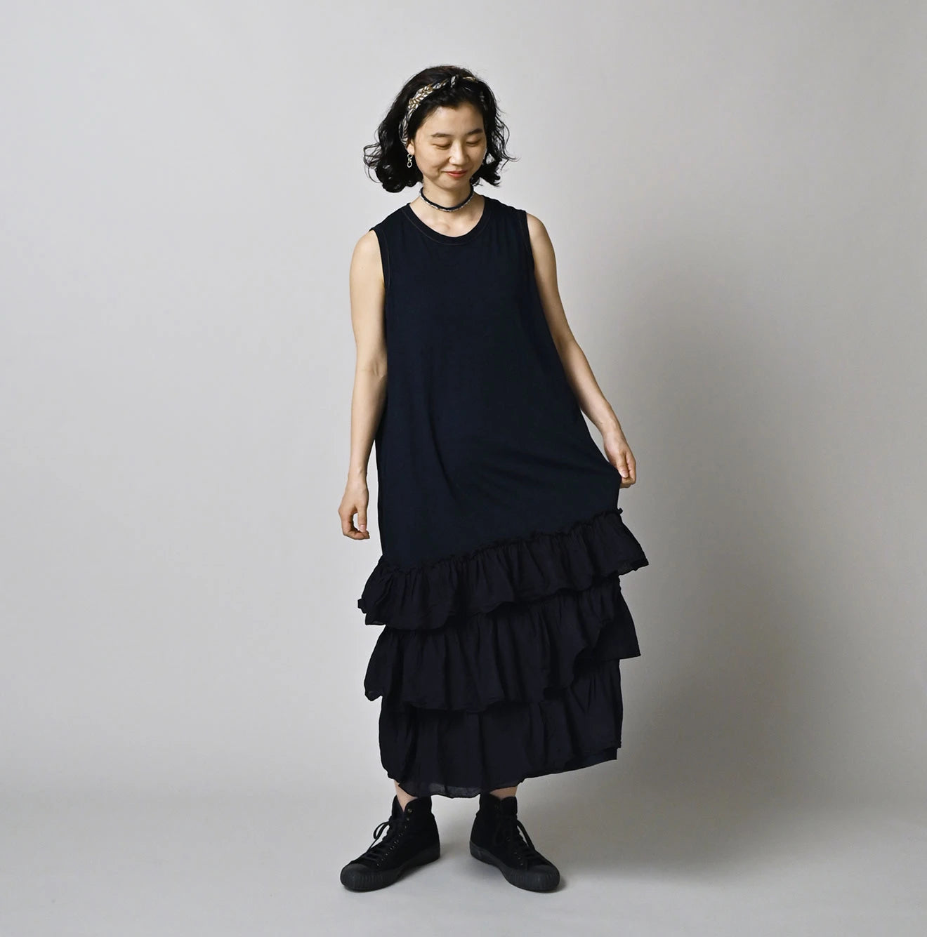 45R Indigo Plain Weave x Jersey Frilled Dress - Image 2